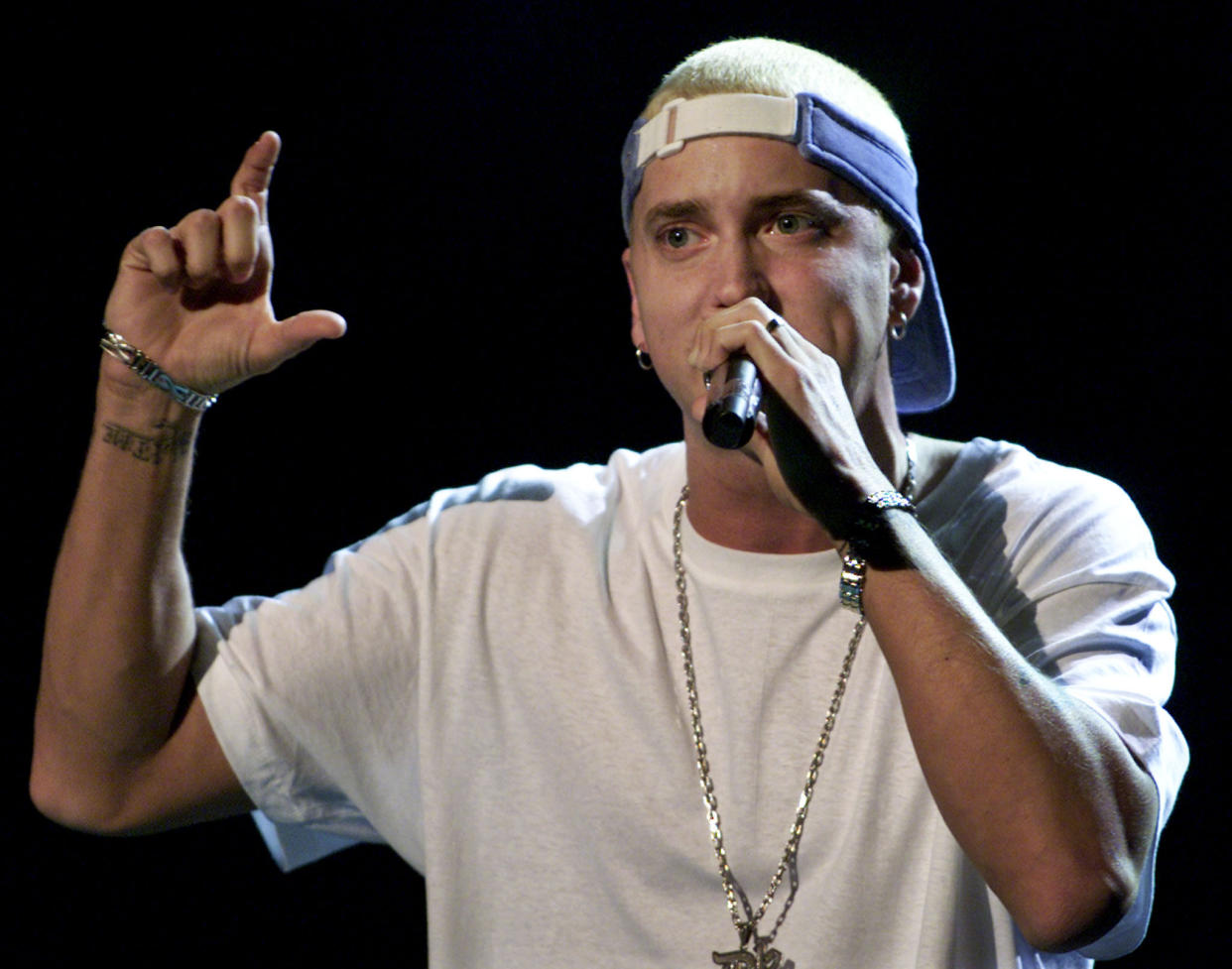 Rap singer Eminem performs the song "Stan" [with Elton John ] at the 43rd annual Grammy Awards in Los Angeles February 21, 2001. Eminem won the Grammy for Best Rap Album earlier in the show.