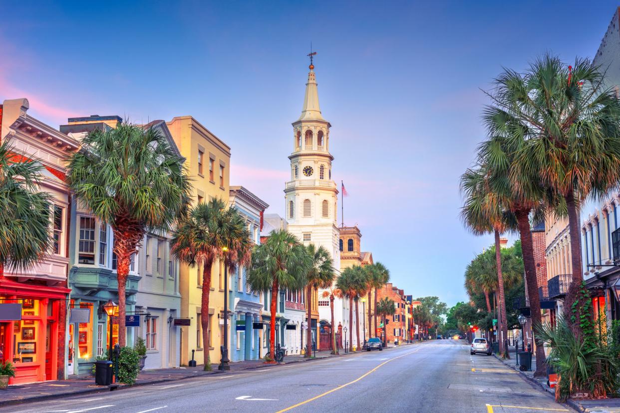 Charleston, South Carolina, USA cityscape in the historic district at twilight.