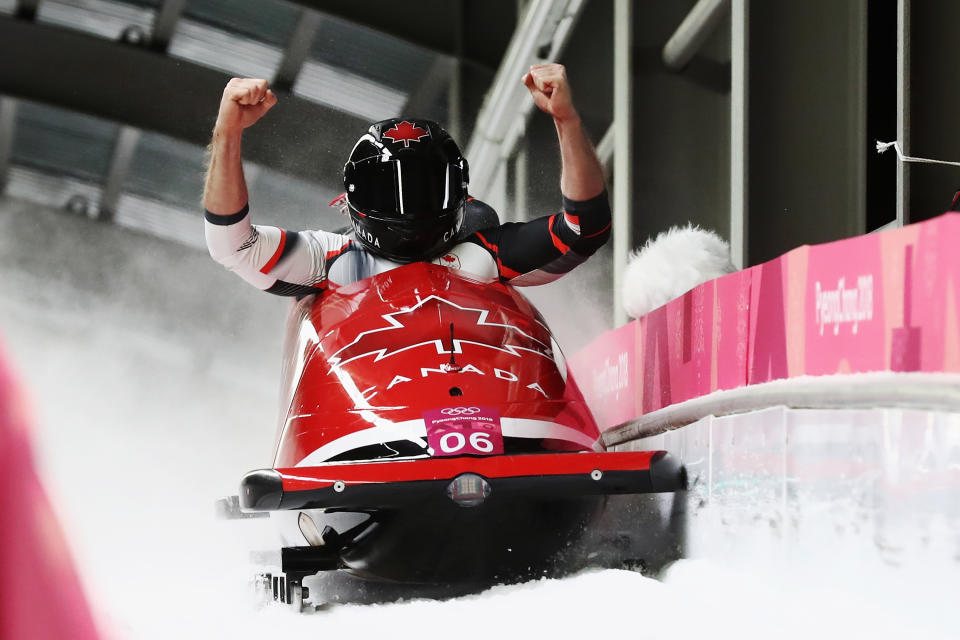 Justin Kripps and Alexander Kopacz of Canada celebrate as they win joint gold during the Men's 2-Man Bobsleigh on day 10 of the PyeongChang 2018 Winter Olympic Games at Olympic Sliding Centre on February 19, 2018 in Pyeongchang-gun, South Korea.