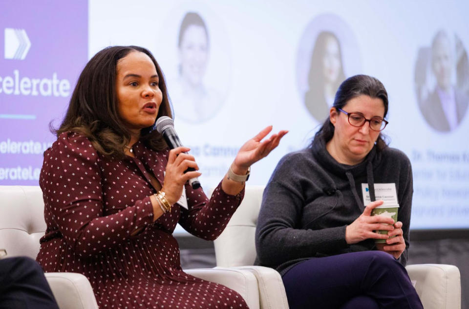 Christina Grant, left, state superintendent of the District of Columbia schools, participated in Accelerate’s conference in January along with Joanna Cannon of the Walton Family Foundation. (Accelerate)