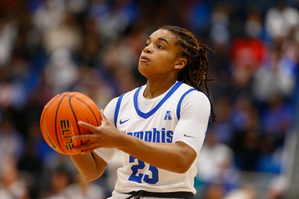 Memphis' Jamirah Shutes (23) prepares to shoot the ball during the WNIT first round game between Memphis and Jackson State in the Elma Roane Field House at the University of Memphis in Memphis, Tenn., on March 16, 2023. 