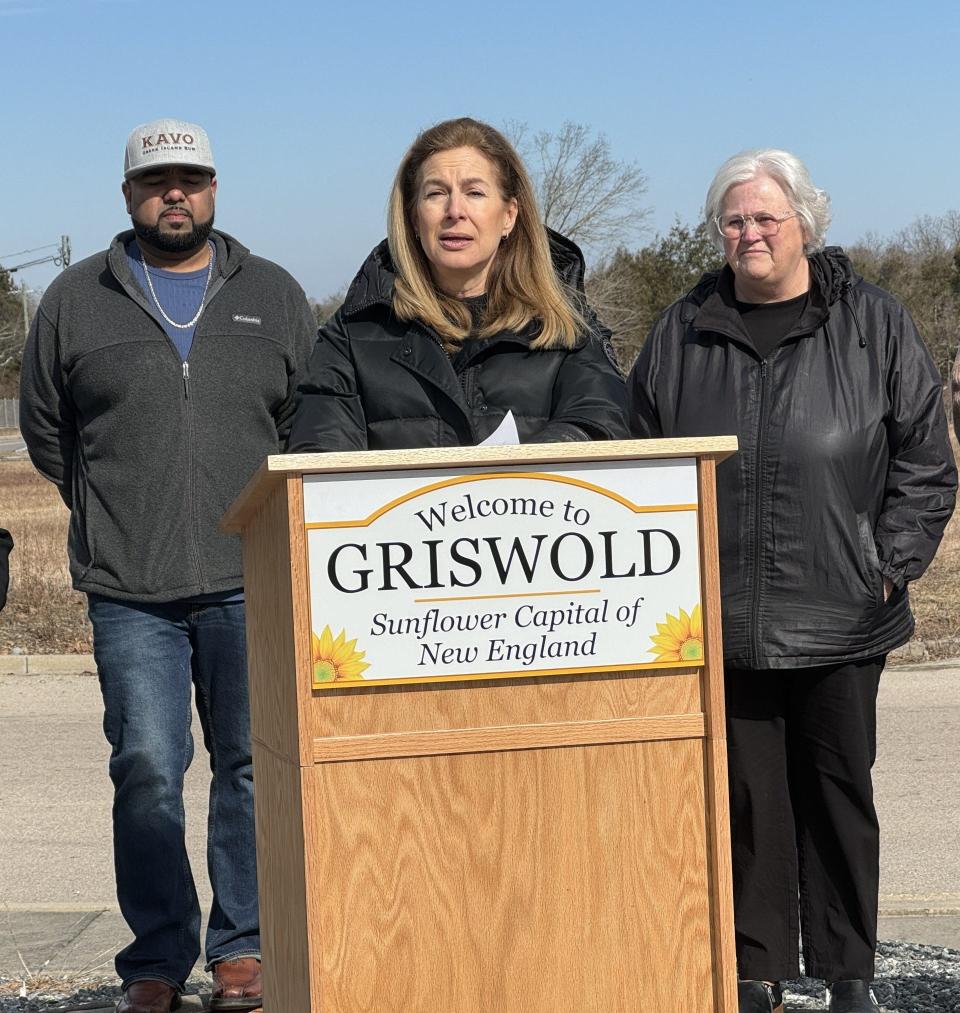 Lt. Gov. Susan Bysiewicz discusses the funding for the municipal water infrastructure project along Route 164 in Griswold.