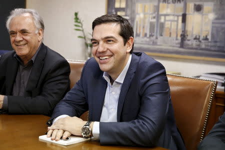 Greek Prime Minister Alexis Tsipras and Deputy Prime Minister Yannis Dragasakis (L) attend a meeting at the Finance Ministry in Athens, Greece May 27, 2015. REUTERS/Alkis Konstantinidis