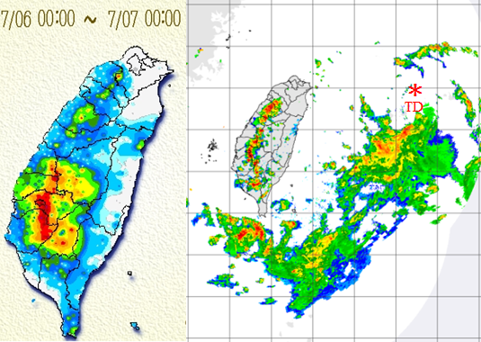  20170707-左：昨(6)日累積雨量圖顯示，雲嘉南達豪雨標準(100毫米/3小時)。右：昨(6)日13:40雷達回波圖顯示，熱帶性低氣壓之低層環流通過石垣島，因垂直風切造成高低層分離，環流中心無回波，強回波皆在中心的南側。