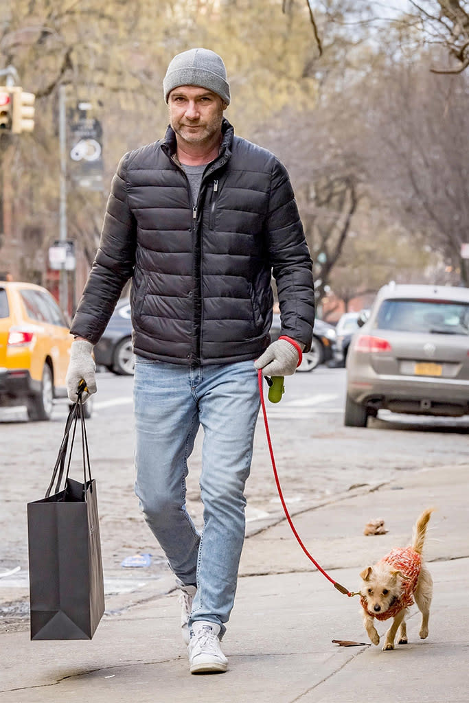 <p>We can’t decide who’s cuter — the <em>Ray Donovan</em> star or his adorable rescue puppy — as the duo bundled up for some some shopping in New York on Monday. (Photo: MMV/Backgrid)<br><br></p>