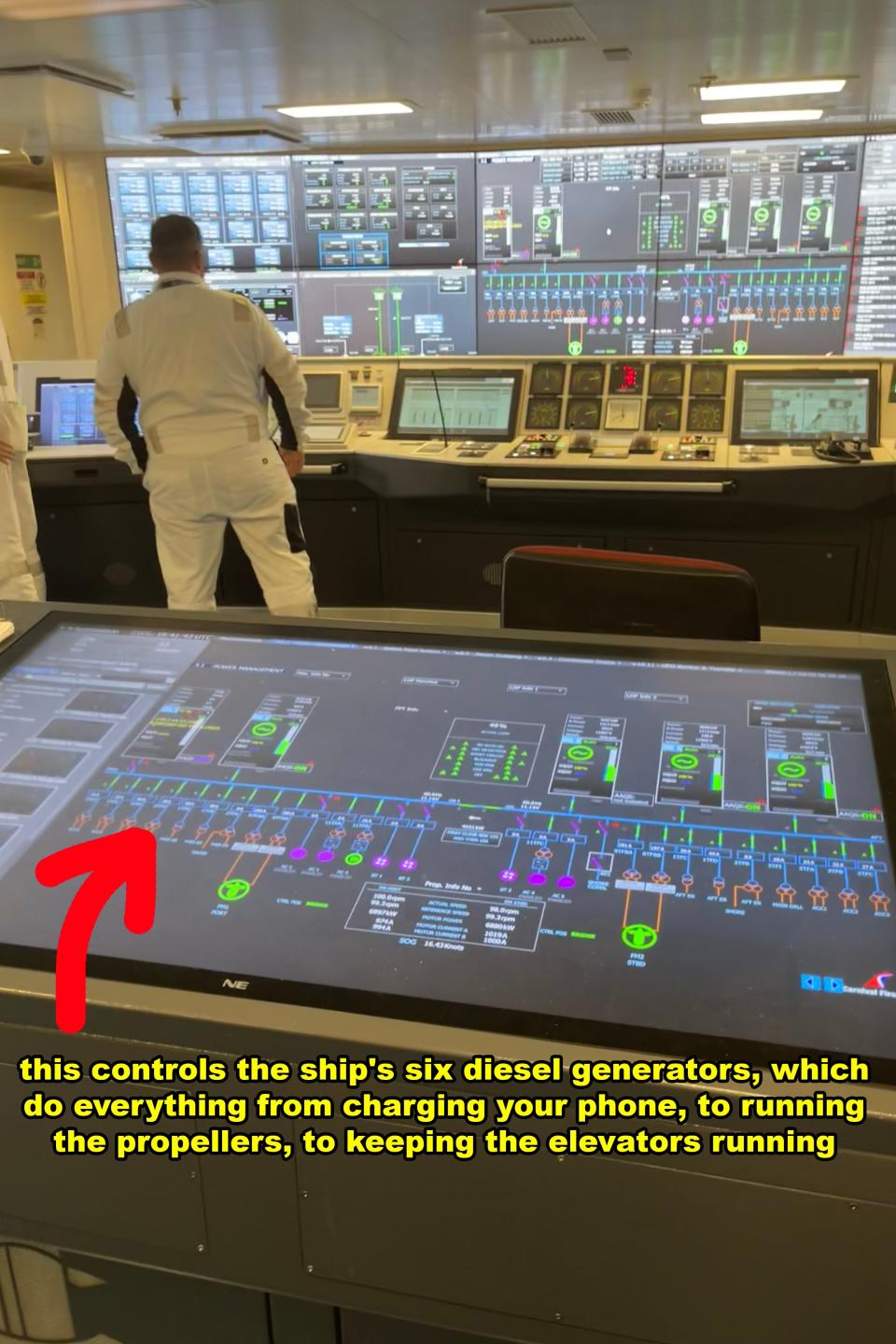 Three individuals monitoring control panels in a ship's engine room