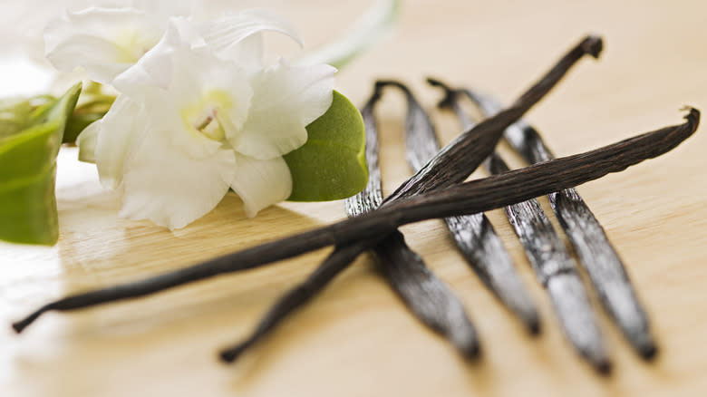 Vanilla bean pods on table