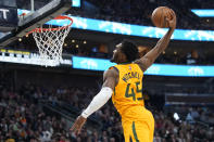 Utah Jazz guard Donovan Mitchell dunks against the Portland Trail Blazers in the second half during an NBA basketball game Monday, Nov. 29, 2021, in Salt Lake City. (AP Photo/Rick Bowmer)