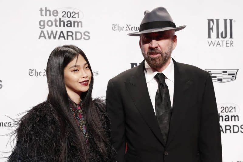 Nicolas Cage (R) and Riko Shibata attend the Gotham Awards in 2021. File Photo by John Angelillo/UPI