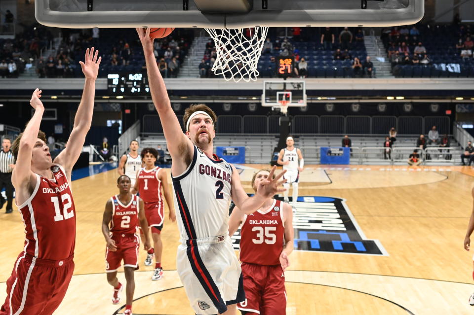 Drew Timme and the Gonzaga Bulldogs are the clear favorite in the NCAA tournament. (Photo by Brett Wilhelm/NCAA Photos via Getty Images)