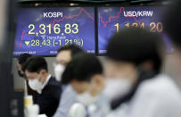 Currency traders watch computer monitors near the screens showing the Korea Composite Stock Price Index (KOSPI), left, and the foreign exchange rate between U.S. dollar and South Korean won at the foreign exchange dealing room in Seoul, South Korea, Thursday, Oct. 29, 2020. (AP Photo/Lee Jin-man)