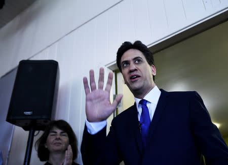 Britain's opposition Labour Party leader Ed Miliband arrives for the launch of their Manifesto for Young People at Bishop Grosseteste University in Lincoln, central England April 17, 2015. REUTERS/Dylan Martinez