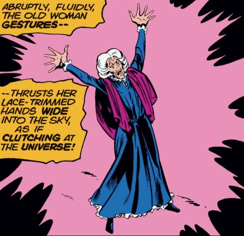 Agatha Harkness shouts at the sky in Marvel Comics.