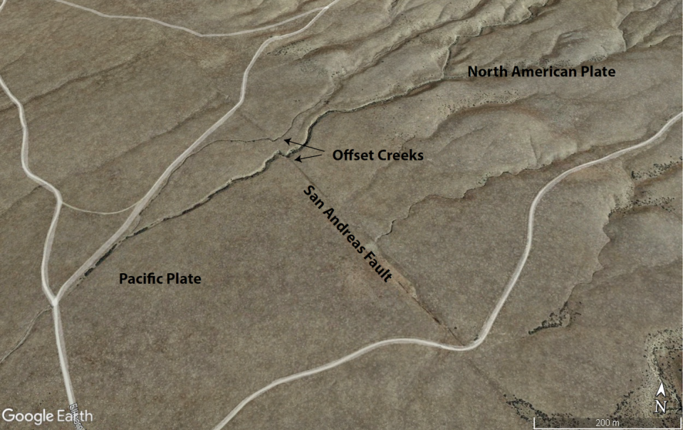 A Google Earth image of creeks offset by movement along the San Andreas Fault in Southern California as the Pacific Plate moves to the northwest with respect to North America. <a href="https://earth.google.com/web/" rel="nofollow noopener" target="_blank" data-ylk="slk:Jaime Toro;elm:context_link;itc:0;sec:content-canvas" class="link ">Jaime Toro</a>