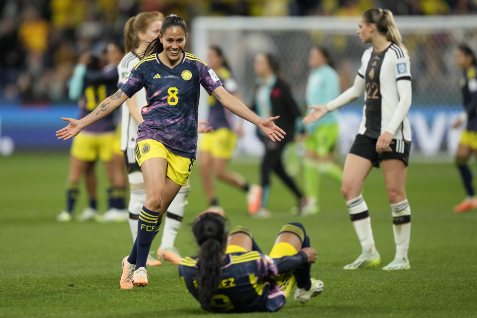 Colombia players celebrate after the Women's World Cup Group H soccer match between Germany and Colombia at the Sydney Football Stadium in Sydney, Australia, Sunday, July 30, 2023. Colombia won 2-1.(AP Photo/Rick Rycroft)