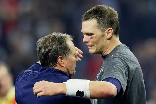 HOUSTON, TX - FEBRUARY 05:  Head coach Bill Belichick of the New England Patriots and Tom Brady #12 celebrate after winning 34-28 over the Atlanta Falcons in Super Bowl 51 at NRG Stadium on February 5, 2017 in Houston, Texas.  (Photo by Jamie Squire/Getty Images)