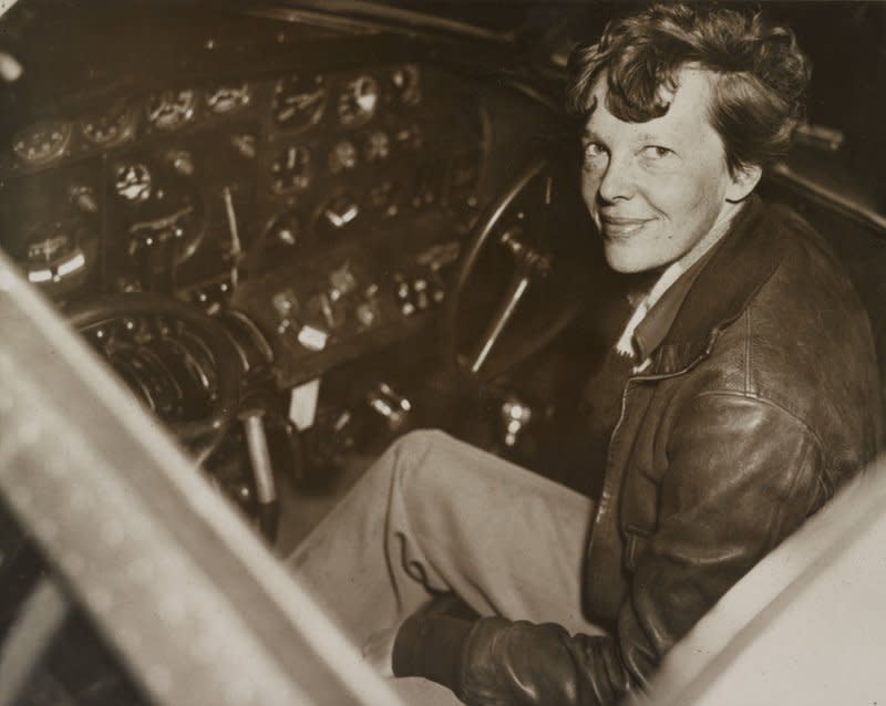 Aviator Amelia Earhart pictured sitting in the cockpit of her Electra airplane. On May 21, 1932, Amelia Earhart became the first woman to fly solo across the Atlantic, flying from Newfoundland, Canada, to Ireland. UPI File Photo