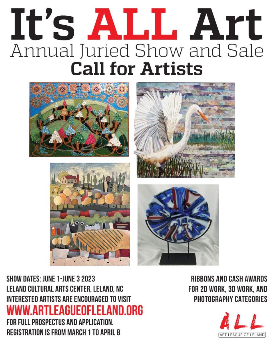 The Art League of Leland will be accepting artists’ submissions through April 8 for It’s ALL Art, the fourth annual juried art exhibition and sale.