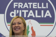 Far-Right party Brothers of Italy's leader Giorgia Meloni speaks to the media at her party's electoral headquarters in Rome, Sunday, Sept. 25, 2022. Italians voted in a national election that might yield the nation's first government led by the far right since the end of World War II. (AP Photo/Gregorio Borgia)