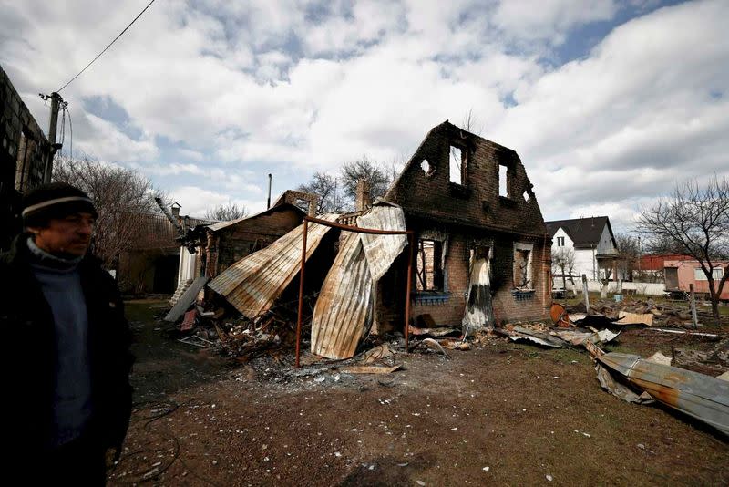 A view of a house that was destroyed by Russian shelling, amid Russia's invasion of Ukraine, in Bucha