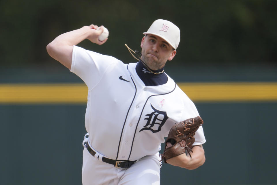 Detroit Tigers relief pitcher Alex Lange throws against the Seattle Mariners in the ninth inning of a baseball game, Sunday, May 14, 2023, in Detroit. (AP Photo/Paul Sancya)