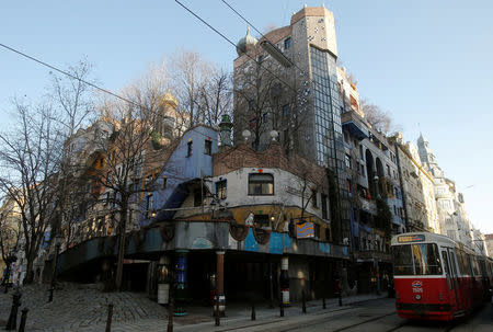 The Hundertwasser House landmark, an apartment house designed by artist and architect Friedensreich Hundertwasser, with the "Terrassencafe im Hundertwasserhaus" is seen in Vienna, Austria, February 15, 2017. REUTERS/Heinz-Peter Bader