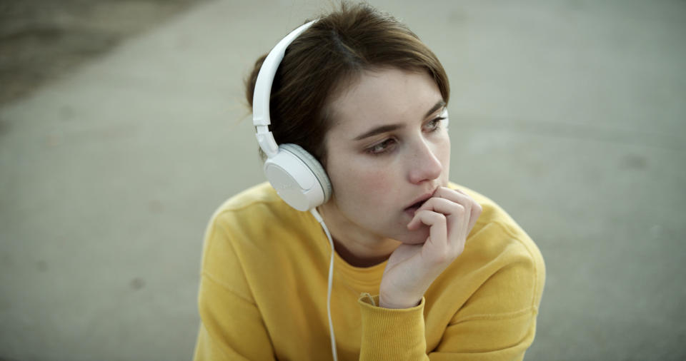 This photo released by Tribeca Films shows Emma Roberts as April in a scene from the film, "Palo Alto," directed by Gia Coppola. The movie opened in U.S. theaters on May 9, 2014. (AP Photo/Tribeca Films)