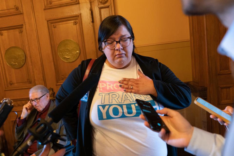 Rep. Heather Meyer, D-Overland Park, explaines the impacts of Wednesday's house vote to override a veto on a bill that would ban transgender athletes following the session.