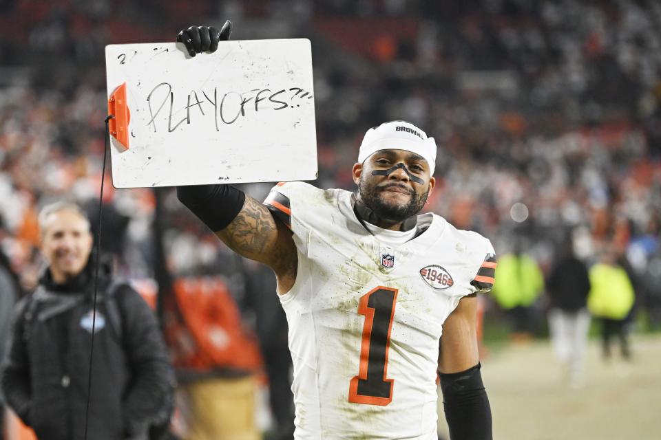 Dec 28, 2023; Cleveland, Ohio, USA; Cleveland Browns safety Juan Thornhill (1) celebrates after the Browns beat the New York Jets at Cleveland Browns Stadium. Mandatory Credit: Ken Blaze-USA TODAY Sports