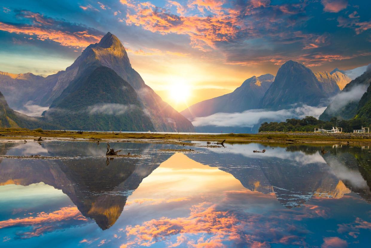 Famous Miter Peak rises above the Milford Sound fjord.Fiordland National Park, New Zealand