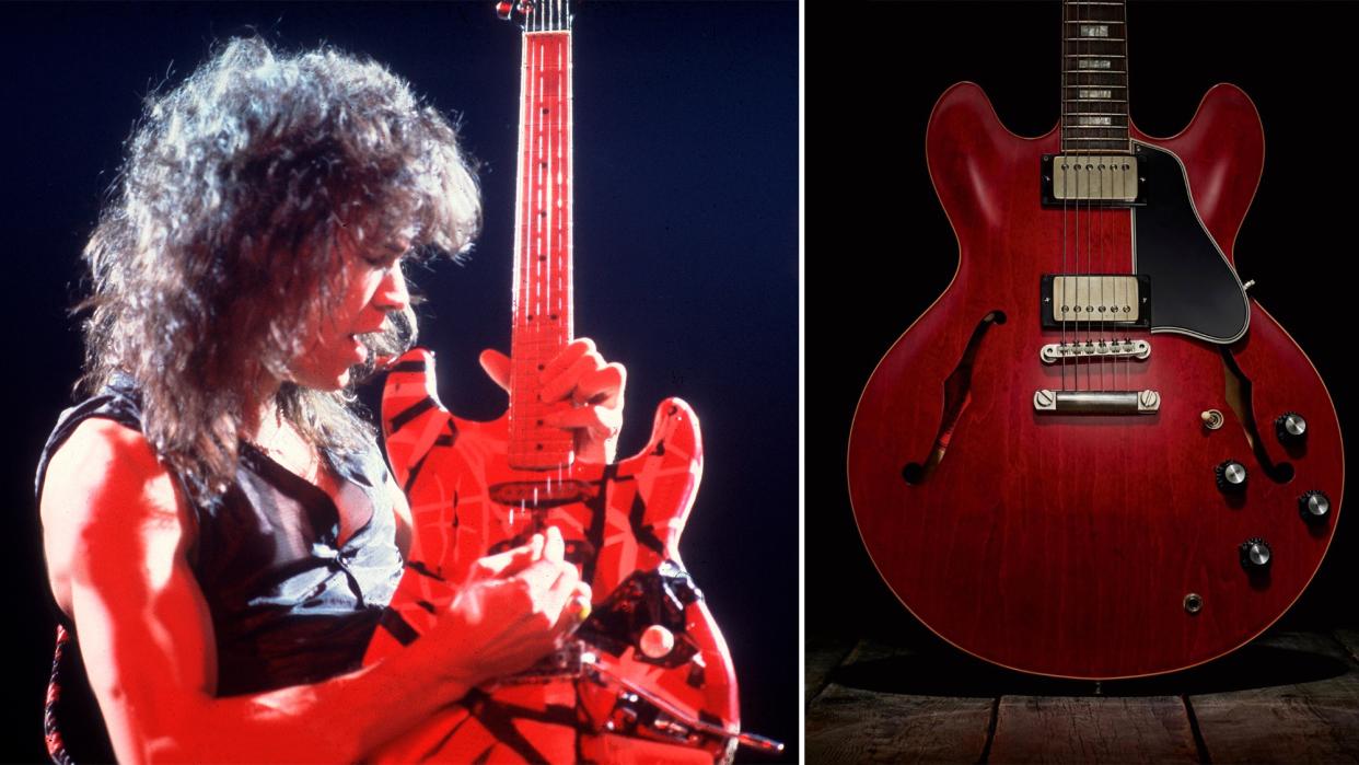  (left) Eddie Van Halen performs onstage, a Gibson ES-335 guitar. 