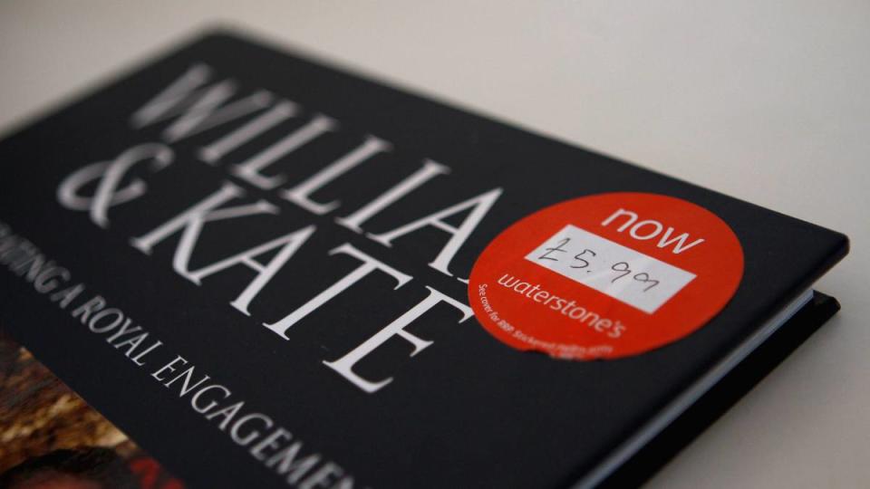How to remove stickers from books: A discount sticker from the bookstore Waterstones on a recently published photo book by the photographer Robin Nunn on the subject of Prince William and Kate Middleton on January 17, 2011 in London, England.