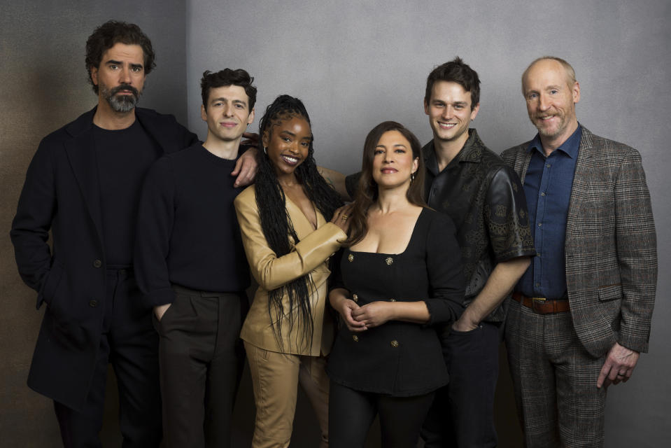 Hamish Linklater, from left, Anthony Boyle, Lovie Simone, Monica Beletsky, Brandon Flynn and Matt Walsh pose for a portrait to promote the Apple TV+ television series "Manhunt" during the Winter Television Critics Association Press Tour on Monday, Feb. 5, 2024, at The Langham Huntington Hotel in Pasadena, Calif. (Willy Sanjuan/Invision/AP)