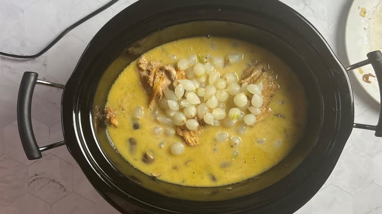 Chicken thighs and pearl onions in crock pot