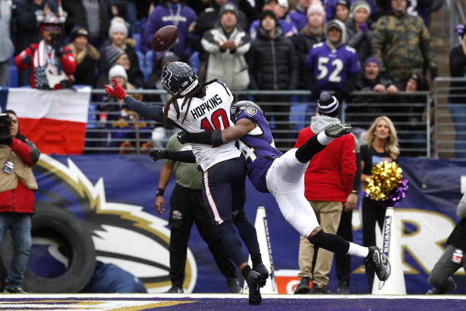 BALTIMORE, MARYLAND - NOVEMBER 17: Marlon Humphrey #44 of the Baltimore Ravens breaks up a pass intended for DeAndre Hopkins #10 of the Houston Texans during the first half in the game at M&amp;T Bank Stadium on November 17, 2019 in Baltimore, Maryland. (Photo by Todd Olszewski/Getty Images)