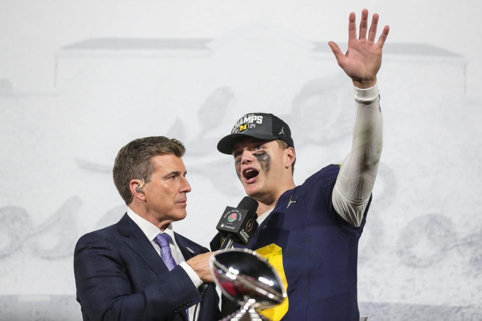 Michigan quarterback J.J. McCarthy speaks from the podium after the 27-20 overtime win in the Rose Bowl over Alabama at Rose Bowl Stadium in Pasadena, California, on Monday, Jan. 1, 2024.