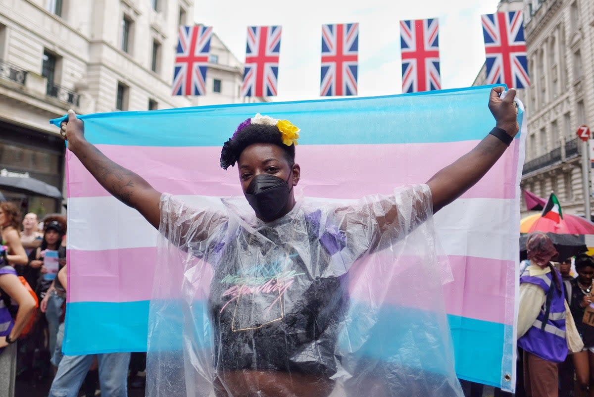 A marcher waves a trans flag in central London  (Angela Christofilou)