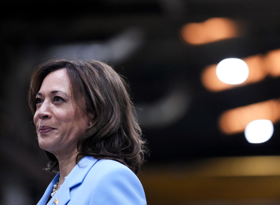 FILE - Vice President Kamala Harris tours McKinstry's facilities after giving remarks ahead of the one-year anniversary of the Biden administration's Inflation Reduction Act, Aug. 15, 2023, in Seattle. Harris is visiting Indonesia this week for the Association of Southeast Asian Nations summit. (AP Photo/Lindsey Wasson, File)