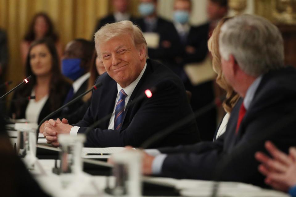 President Donald Trump meets with students, teachers and administrators about how to safely reopen schools during the coronavirus pandemic July 7 at the White House.