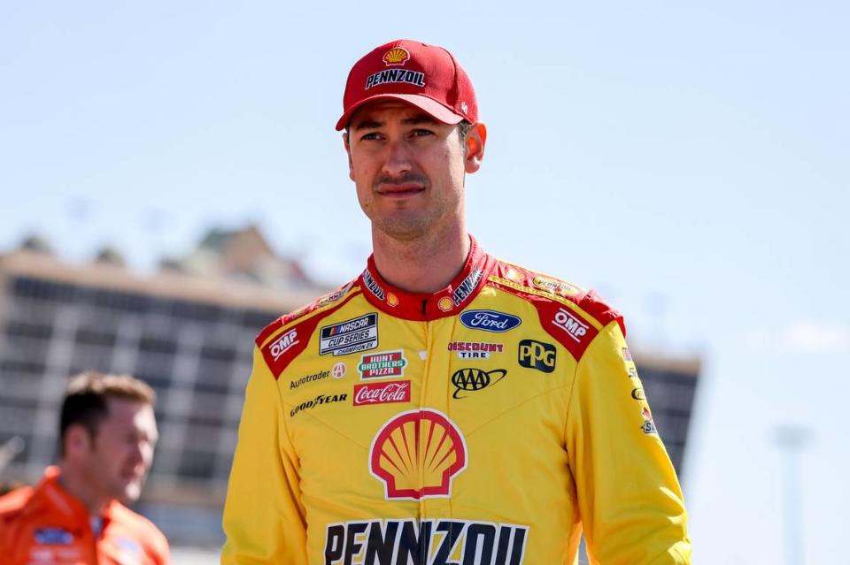 Joey Logano (22), who won last year’s Atlanta race, on pit road prior to qualifying for the 2024 Ambetter Health 400 at Atlanta Motor Speedway. 