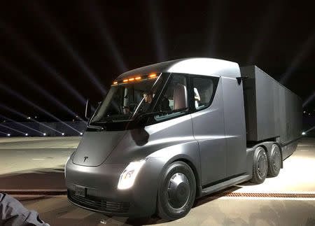 FILE PHOTO: Tesla's new electric semi truck is unveiled during a presentation in Hawthorne, California, U.S., November 16, 2017. REUTERS/Alexandria Sage/File Photo