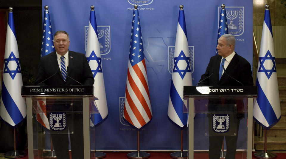 U.S. Secretary of State Mike Pompeo, left, and Israeli Prime Minister Benjamin Netanyahu make joint statements to the press after meeting, in Jerusalem, Monday, Aug. 24, 2020. (Debbie Hill/Pool via AP)