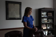 Tammy Schuey, General Manager of the Butler Eagle newspaper, pauses before an interview with The Associated Press, Wednesday, July 17, 2024, in Butler, Pa. (AP Photo/Matt Slocum)