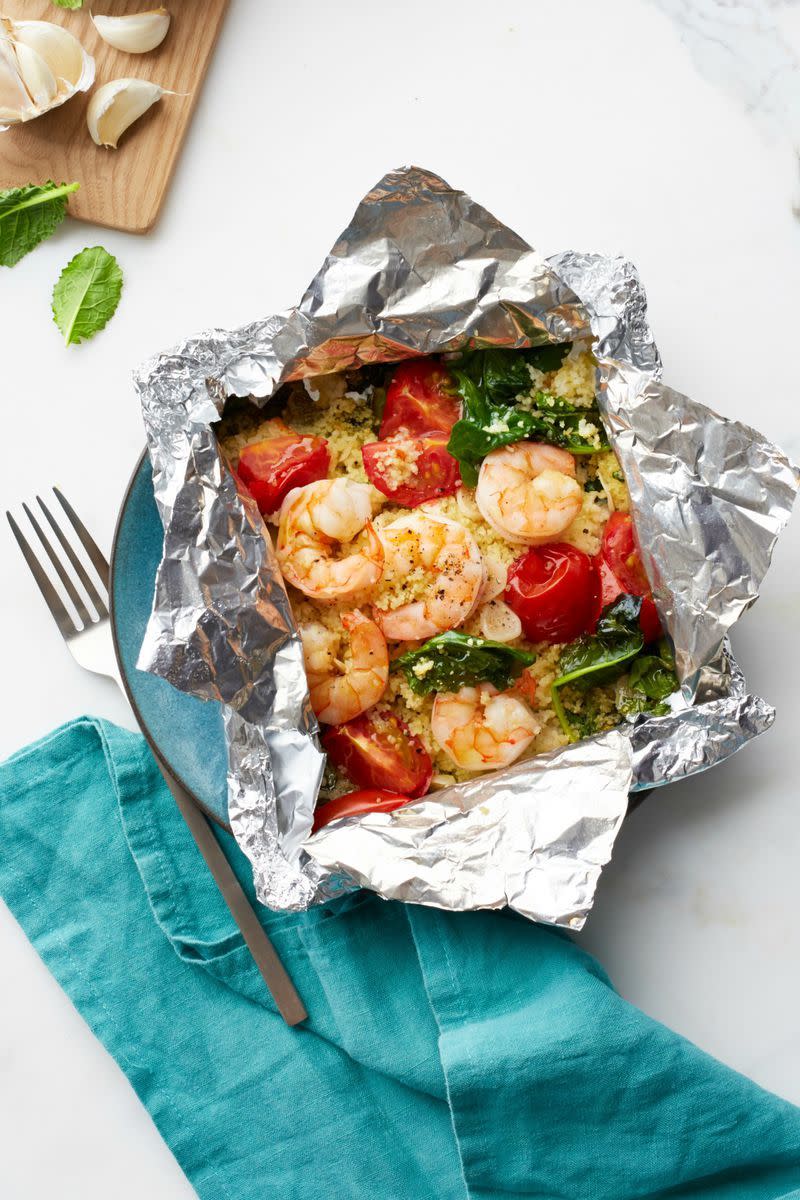 Shrimp and Garlicky Tomatoes with Kale Couscous