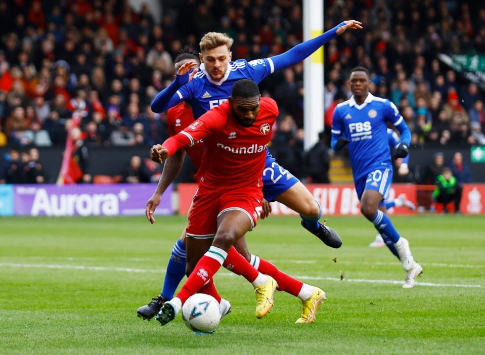 Leicester City's Kiernan Dewsbury-Hall in action with Walsall's Hayden White (Action Images via Reuters)