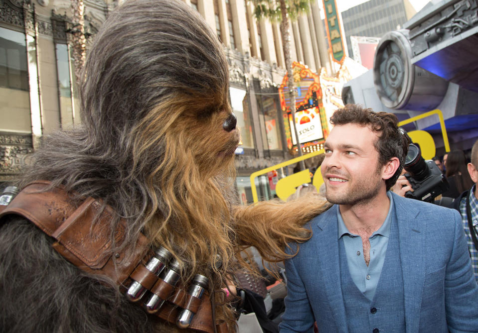 <p>Chewbacca and Alden Ehrenreich. (2018 Getty Images) </p>