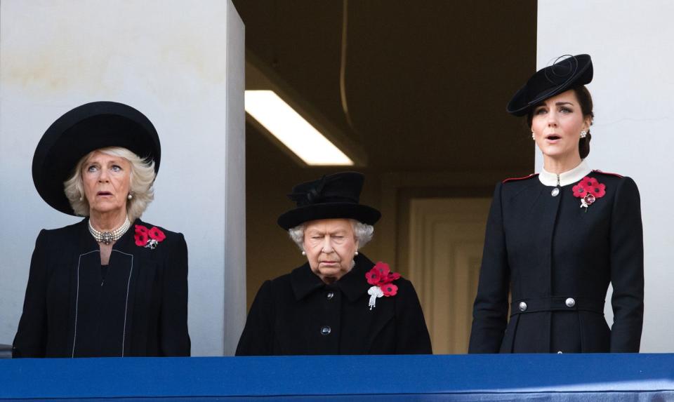 Camilla, Duchess of Cornwall, Queen Elizabeth II and Catherine, Duchess of Cambridge during the annual Remembrance Sunday memorial