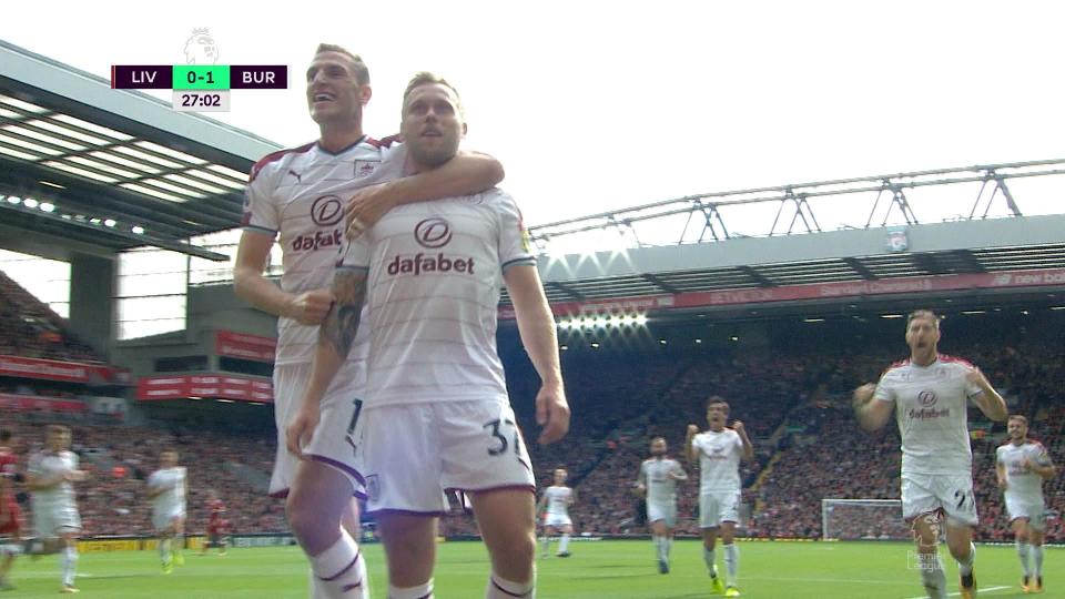 <p>The ball falls to Burnley’s Scott Arfield who scores with a first-time shot to make it 1-0 against Liverpool. </p>