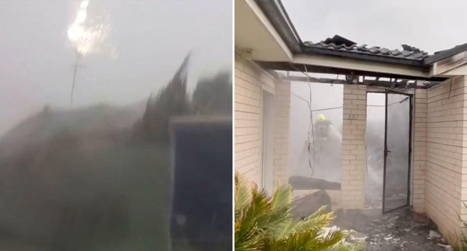 Firefighters at the scene of a home hit by lightning during the Sydney storms.