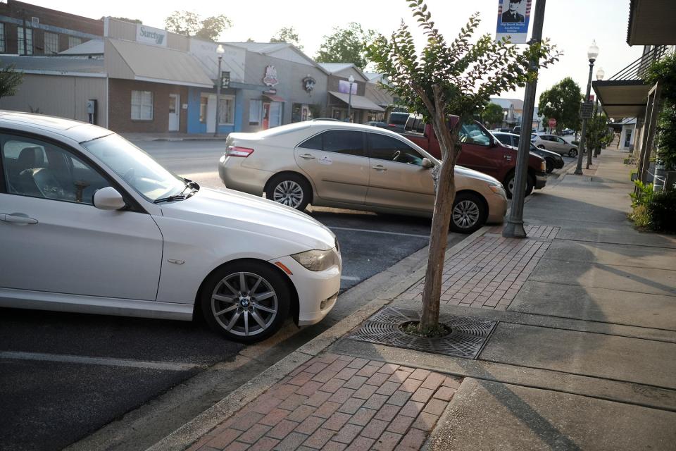 The City of Crestview is contemplating changing parking spots from angled, as seen here on Main Street, to parallel n historic downtown Crestview.